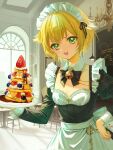  1girl :d alternate_costume apron bell black_bow black_dress black_ribbon blonde_hair blueberry bow chandelier colored_tips denonbu detached_collar dress earrings enmaided feizhiji flat_chest food fruit green_eyes hair_ears hand_on_own_hip highres holding holding_plate indoors jewelry jingle_bell juliet_sleeves long_sleeves looking_at_viewer maid maid_headdress multicolored_hair open_mouth pancake pancake_stack plate puffy_sleeves ribbon short_hair smile solo standing strawberry taiga_lucia waist_apron white_apron white_hair window 
