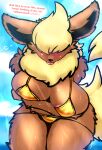  absurd_res anthro areola bikini biped blush bodily_fluids breasts cleavage clothed clothing dialogue eeveelution english_text female flareon front_view fur generation_1_pokemon golden_bikini hi_res milkteafox nintendo orange_body pokemon pokemon_(species) solo sweat swimwear tan_body tan_fur text tongue tongue_out 