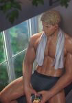  1boy abs alcohol black_male_underwear blonde_hair closed_mouth commentary cup highres holding holding_cup indoors large_pectorals looking_afar male_focus male_underwear muscular muscular_male navel pectorals penguin_frontier short_hair sitting solo spy_x_family towel towel_around_neck twilight_(spy_x_family) underwear 