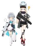  2girls ? absurdres alternate_costume apron aqua_bow assault_rifle asymmetrical_legwear black_shorts blue_archive boots bow briefcase coat cosplay costume_switch crossover dhk117 earpiece fingerless_gloves full_body g11_(girls&#039;_frontline) g11_(girls&#039;_frontline)_(cosplay) girls&#039;_frontline gloves grey_hair gun h&amp;k_g11 halo hat highres holding holding_briefcase holding_gun holding_weapon knee_pads maid maid_apron maid_headdress multiple_girls one_eye_closed rifle scarf short_shorts shorts standing thigh_pouch toki_(blue_archive) toki_(blue_archive)_(cosplay) trigger_discipline weapon white_background 