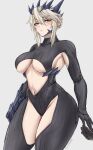  1girl absurdres artoria_pendragon_(fate) artoria_pendragon_(lancer_alter)_(fate) black_bodysuit blonde_hair blush bodysuit breasts cluhob eyebrows_hidden_by_hair fate/grand_order fate_(series) gauntlets hair_between_eyes highres horns large_breasts looking_at_viewer navel pale_skin sideboob sidelocks single_gauntlet solo stomach tight_clothes underboob yellow_eyes 
