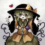  1girl :d black_headwear blouse blush bow buttons cowboy_shot diamond_button floral_print frilled_shirt_collar frilled_skirt frilled_sleeves frills green_eyes green_hair green_skirt hair_between_eyes hat hat_bow hat_ribbon heart heart_of_string heripantomorrow komeiji_koishi long_sleeves looking_at_viewer medium_hair open_mouth outstretched_arms reaching reaching_towards_viewer ribbon rose_print shirt sidelocks skirt smile solid_eyes solo third_eye touhou wavy_hair white_background wide_sleeves yellow_bow yellow_ribbon yellow_shirt 