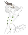  2023 4_ears 4_horns absurd_res anthro biped charr clover digital_media_(artwork) felid female flat_chested four_leaf_clover fur green_eyes grey_body grey_fur grey_hair guild_wars hair halbean hand_behind_head hi_res horn mammal multi_ear multi_horn multicolored_body multicolored_fur nude_anthro nude_female pink_nose purna_whitewillow simple_background smile solo spots spotted_body spotted_fur two_tone_body two_tone_fur white_background white_body white_fur 