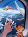  1boy 1other above_clouds airplane_interior artist_name bad_id bad_twitter_id blue_sky blurry blurry_background boots character_doll closed_eyes cloud coattails commentary cropped_jacket cure_wing day feather_hair_ornament feathers flying gloves hair_ornament hat highres hirogaru_sky!_precure jacket layered_gloves long_hair magical_boy male_focus mini_hat mini_top_hat orange_footwear orange_gloves orange_hair orange_jacket orange_shorts orange_vest out_of_frame outdoors ponytail precure puffy_short_sleeves puffy_sleeves red_eyes short_sleeves shorts signature sky sweatdrop tete_a top_hat upside-down vehicle_interior very_long_hair vest window yuunagi_tsubasa 