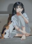  1girl barefoot black_hair cat commentary_request couch covering_mouth eyelashes feet full_body grey_background grey_eyes grey_pants grey_shirt hand_on_own_leg hand_up indoors knee_up mattaku_mousuke medium_hair original pants shadow shirt short_sleeves sidelocks sitting solo toenails toes twitter_username 