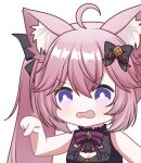  1girl ahoge animal_ear_fluff animal_ears black_bow black_dress bow bowtie bright_pupils cat_ears cat_girl chibi cleavage_cutout close-up clothing_cutout dress hair_bow long_hair nyatasha_nyanners open_mouth pink_hair pointing purple_bow purple_bowtie purple_eyes solo twintails virtual_youtuber vshojo white_pupils zerorespect_bot 