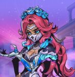  1girl black_sclera blue_eyes blue_flower breasts cleavage colored_sclera dark-skinned_female dark_skin flower frills hair_flower hair_ornament hand_on_own_hip hand_up korean_commentary la_ilusion_renata_glasc large_breasts league_of_legends long_hair looking_at_viewer mask mouth_mask night official_alternate_costume official_alternate_hairstyle outdoors parted_bangs phantom_ix_row red_hair renata_glasc shoulder_plates solo upper_body 