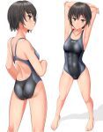 1girl abs absurdres amagami arms_behind_head ass barefoot black_hair black_one-piece_swimsuit breasts brown_eyes competition_swimsuit cowboy_shot highres looking_at_viewer looking_back medium_breasts multiple_views nanasaki_ai one-piece_swimsuit short_hair simple_background standing swimsuit takafumi tan two-tone_swimsuit white_background 