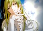  1other androgynous chain enkidu_(fate) fate/strange_fake fate_(series) glowing glowing_clothes glowing_eyes green_hair hair_between_eyes highres long_hair looking_at_viewer male_focus robe rrr_(reason) shirt smile solo upper_body very_long_hair white_robe white_shirt yellow_eyes 