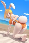  :3 anthro beach bent_over big_breasts blonde_hair breasts carrot_(one_piece) clothing female fluffy fluffy_tail hair hi_res lagomorph leporid looking_at_viewer looking_back mammal one-piece_swimsuit one_piece rabbit rocky-ace seaside solo swimwear tail 