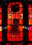  1girl bird chinese_commentary commentary_request crystal english_commentary flandre_scarlet full_body glowing glowing_eyes highres indoors looking_at_viewer mixed-language_commentary moenoki pixiv_id red_eyes red_sky signature sky standing touhou wings 