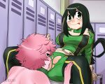  ashido_mina asui_tsuyu blush censored duo female female/female genitals hi_res horn horned_humanoid human humanoid khartemis licking mammal mosaic_censorship my_hero_academia nude pussy spread_legs spreading superhero_costume tongue tongue_out 