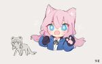  1girl animal_ears animal_hands arknights black_ribbon blue_eyes blue_jacket blue_poison_(arknights) blush cat_ears cat_girl chibi collared_shirt commentary cropped_torso dailybloopy dress_shirt english_commentary fan_request fang floating_hair gloves grey_background hair_between_eyes jacket kemonomimi_mode long_hair long_sleeves looking_at_viewer low_twintails neck_ribbon open_clothes open_jacket open_mouth paw_gloves pink_hair ribbon shirt simple_background skin_fang smile twintails white_shirt 