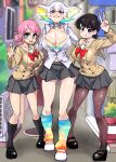  3girls absurdres arm_up black_footwear black_hair blurry blurry_background bocchi_the_rock! bongfill bra breasts collarbone collared_shirt commentary crossover dress_shirt english_commentary gotou_michiyo grin hands_up highres kill_la_kill kiryuuin_ragyou kneehighs komi-san_wa_komyushou_desu komi_shuuko large_breasts legs_apart loafers long_sleeves looking_at_viewer mature_female miniskirt multicolored_bra multicolored_clothes multicolored_hair multiple_girls open_mouth outdoors panties panty_peek pantyhose pink_hair plant pleated_skirt potted_plant rainbow_hair sailor_collar school_uniform shirt shoes skirt smile smug socks standing swept_bangs teeth thick_eyebrows tongue tongue_out underwear upper_teeth_only v v-shaped_eyebrows white_footwear white_hair white_shirt 
