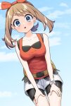  1girl :o bike_shorts bike_shorts_under_shorts blue_eyes blush bow_hairband bracelet breasts brown_hair cloud collarbone commentary day eyelashes fanny_pack hairband hands_on_own_thighs highres jewelry looking_at_viewer may_(pokemon) open_mouth outdoors pokemon pokemon_(game) pokemon_oras red_hairband red_shirt shirt shorts sky sleeveless sleeveless_shirt solo yellow_bag yuihico 