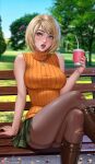  1girl alexander_dinh arm_support ashley_graham bare_arms bench blonde_hair blue_eyes blurry blurry_background boots breasts brown_pantyhose crossed_legs cup day disposable_cup drink drinking_straw feet_out_of_frame green_skirt hand_up heart highres holding holding_cup holding_drink jewelry knee_boots light_blush lips looking_at_viewer medium_hair necklace open_mouth orange_sweater outdoors pantyhose park park_bench patreon_logo photo_background plaid plaid_skirt pleated_skirt resident_evil resident_evil_4 resident_evil_4_(remake) ribbed_sweater signature sitting sitting_on_bench skirt sleeveless sleeveless_sweater sleeveless_turtleneck solo sweater swept_bangs taut_sweater thighband_pantyhose torn_clothes torn_pantyhose tree turtleneck turtleneck_sweater web_address 