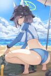  1girl absurdres ass bag beach bikini black_hair blue_archive blue_bikini blush breasts bucket_hat cropped_jacket halo hat highres jacket large_breasts looking_at_viewer multicolored_clothes ocean official_alternate_costume open_mouth purple_hair raglan_sleeves rash_guard saki_(blue_archive) saki_(swimsuit)_(blue_archive) short_hair soar_sora222 solo squatting swimsuit tiptoes 