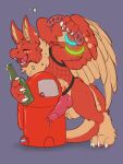  alcohol anthro balls beverage bodily_fluids dragon eyes_closed feathered_wings feathers fur genitals hi_res knot male penis red_body symrea wings 