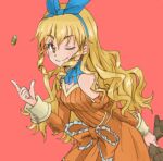  1girl asatsuki_kamo ascot blonde_hair blue_ascot brown_eyes closed_mouth detached_sleeves dress drill_hair freckles hair_ribbon hairband jane_maxwell long_hair looking_at_viewer lowres one_eye_closed orange_dress orange_sleeves ribbon sidelocks simple_background smile solo wild_arms wild_arms_1 