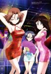  3girls absurdres aqua_dress armpits arms_behind_head azumi_(girls_und_panzer) black_hair breasts brown_hair ceiling cleavage closed_mouth dance_floor disco_ball dress girls_und_panzer glasses grey_eyes hair_between_eyes hand_fan highres holding holding_fan indoors itou_takeshi large_breasts long_hair megami_magazine megumi_(girls_und_panzer) multiple_girls no_bra one_eye_closed pink_dress red_dress rumi_(girls_und_panzer) scan short_hair smile speaker standing 