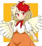  1girl animal animal_on_head bird bird_on_head bird_wings blonde_hair blush chick closed_mouth dress feathered_wings highres ini_(inunabe00) multicolored_hair niwatari_kutaka on_head orange_dress red_eyes red_hair shirt short_hair short_sleeves smile solo touhou two-tone_hair upper_body white_shirt wings yellow_wings 