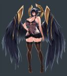  1girl babydoll bare_arms bare_shoulders black_hair black_negligee black_wings breasts brown_thighhighs cleavage collarbone commentary_request dark_areolae frilled_negligee frills full_body grey_background hair_between_eyes hair_over_breasts hand_on_own_hip highres huge_breasts kloah last_origin lingerie long_hair looking_at_viewer navel negligee purple_eyes revealing_clothes saraqael_(last_origin) sidelocks simple_background skindentation solo thighhighs thighs underwear wings 