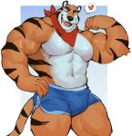  &lt;3 2022 abs anthro barazoku biceps big_muscles blue_bottomwear blue_clothing blue_shorts bottomwear bulge clothing countershading felid flexing frosted_flakes fur hands_on_hips hi_res kellogg&#039;s kerchief male mammal mascot muscular muscular_anthro muscular_male navel neckerchief o_reowoof one_eye_closed open_mouth open_smile orange_body orange_fur pantherine pecs pictographics pinup portrait pose red_kerchief red_neckerchief shirtless shorts smile solo striped_body stripes tail text text_on_clothing thick_thighs three-quarter_portrait tiger tony_the_tiger wink 