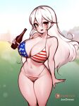  1girl alternate_breast_size alternate_costume american_flag_bikini artist_name beer_bottle bikini blurry blurry_background breasts collarbone corrin_(female)_(fire_emblem) corrin_(fire_emblem) eyelashes feet_out_of_frame fire_emblem fire_emblem_fates flag_print grey_hair hair_between_eyes hand_up highleg highleg_bikini highres holding huge_breasts jaxdrawz long_hair looking_at_viewer outdoors patreon_logo pointy_ears red_eyes shiny_skin solo standing swimsuit teeth thick_thighs thighs upper_teeth_only 