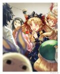  4boys 4girls animal_ears asterios_(fate) beret black_dress black_eyes black_hair black_nails blonde_hair border bouquet bow brown_eyes brown_hair cat_ears commentary_request dress earrings ereshkigal_(fate) fate/grand_order fate_(series) flower fujimaru_ritsuka_(male) gilgamesh_(fate) green_headwear hair_bow hands_up hashibi_rokou hat holding holding_bouquet horns indoors jaguarman_(fate) jewelry long_hair long_sleeves medjed_(fate) multiple_boys multiple_girls nail_polish nitocris_(fate) nitocris_(swimsuit_assassin)_(fate) open_mouth paul_bunyan_(fate) red_bow red_eyes red_horns shirt short_hair skull smile tiara two_side_up waver_velvet white_border white_hair white_shirt 