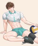  absurdres artist_name ball black_footwear brown_eyes brown_hair bulge clothes_lift covered_penis covered_testicles erection erection_under_clothes highres knee_pads large_penis light_smile male_focus male_underwear male_underwear_peek muscular muscular_male navel number_print oikawa_tooru_(haikyuu!!) one_eye_closed onglai87 penis shirt simple_background sportswear tattoo underwear white_background white_shirt 