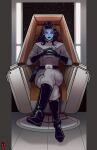  1girl alien artist_logo belt black_footwear black_gloves black_hair blue_skin boots chiss colored_skin crossed_legs gloves grey_pants grey_shirt highres pants ram_(ram80) red_eyes shirt sitting solo star_wars 