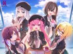  5girls beret black_gloves black_headwear blonde_hair blue_eyes brown_hair building character_request closed_eyes cloud copyright_request fang glasses gloves hat highres holding holding_notebook holding_pen id_card multicolored_hair multiple_girls notebook official_art pen pink_eyes pink_hair purple_eyes shnva skin_fang streaked_hair teapot twintails wide_sleeves window yellow_eyes 