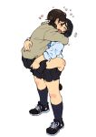  2girls absurdres black_hair black_skirt blue_shirt blush brown_hair cardigan closed_eyes full_body heart highres hug lifting_person m_k multiple_girls necktie original shirt simple_background skirt socks standing striped_necktie white_background yuri 