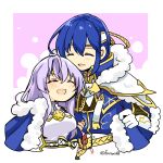  1boy 1girl blue_hair brother_and_sister circlet closed_eyes dress fire_emblem fire_emblem:_genealogy_of_the_holy_war fur_trim headband julia_(fire_emblem) long_hair open_mouth purple_hair seliph_(fire_emblem) seliph_(scion_of_light)_(fire_emblem) siblings simple_background white_headband yukia_(firstaid0) 