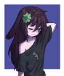  1girl animal_ears arm_behind_head arm_up black_shirt blankcode blue_background border brown_hair carrot_print closed_mouth clover_hair_ornament collarbone fang flat_chest food_print frown green_eyes hair_ornament indie_virtual_youtuber kiyomi_pyon-pyon long_hair looking_at_viewer lop_rabbit_ears off_shoulder one_eye_closed outside_border oversized_clothes oversized_shirt rabbit_ears rabbit_girl shirt skin_fang sleepy solo virtual_youtuber white_border 