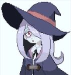  1girl bags_under_eyes black_ribbon black_robe collared_shirt expressionless hair_over_one_eye half-closed_eyes hat light_purple_hair little_witch_academia long_hair pale_skin pixel_art ribbon robe shirt simple_background sucy_manbavaran uchu_imagawa upper_body white_background white_shirt witch witch_hat 