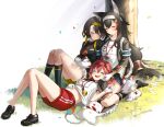  3girls ahoge animal_ears bird black_footwear black_hair black_socks breasts brown_hair drooling duck frills gloves hair_between_eyes hair_ornament highres hololive kito_koruta koruta_(nekoimo) large_breasts long_hair medal medium_breasts multicolored_hair multiple_girls navel ookami_mio oozora_subaru pink_hair red_hair sakura_miko sleeping socks streaked_hair subaru_duck tail virtual_youtuber wolf_ears wolf_tail 