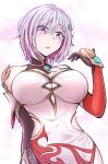  1girl absurdres breasts china_dress chinese_clothes chinese_commentary commentary_request cosplay dress elbow_gloves fei_luo_mao fu_hua fu_hua_(phoenix) fu_hua_(phoenix)_(cosplay) gloves halterneck highres honkai:_star_rail honkai_(series) honkai_impact_3rd large_breasts looking_at_hand multicolored_hair open_mouth purple_eyes red_hair sleeveless sleeveless_dress solo streaked_hair topaz_(honkai:_star_rail) two-tone_hair upper_body white_hair 