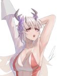  1girl absurdres arknights armpits flower hair_flower hair_ornament highres horns matoimaru_(arknights) non-web_source one-piece_swimsuit open_mouth red_eyes see-through see-through_shirt see-through_sleeves stretching swimsuit wet white_hair 