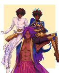  3boys arjuna_(fate) arjuna_alter_(fate) armlet bare_pectorals bhima_(fate) blue_capelet blue_horns brothers brown_hair capelet closed_eyes collarbone cowboy_shot dark-skinned_male dark_skin fate/grand_order fate_(series) full_body gauntlets gloves glowing_horns hair_between_eyes highres horns indian_clothes large_pectorals long_hair long_sleeves looking_at_another male_focus multiple_boys muscular muscular_male pectorals pipipiinat purple_hair purple_vest short_hair siblings simple_background sitting_on_shoulder smile two-tone_background very_long_hair vest white_background white_footwear white_gloves 