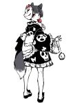  1girl animal_ears candy_apple facial_mark food fox_ears fox_girl fox_mask fox_tail full_body highres japanese_clothes kimono looking_at_viewer looking_back mask mask_on_head monochrome original print_kimono red_eyes sandals short_hair short_kimono simple_background sketch skull_print solo spot_color tail wang-pac whisker_markings white_background wide_sleeves 