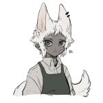  1boy 50_ior animal_ears apron bandaid bandaid_on_cheek bandaid_on_face bandaid_on_neck blue_eyes closed_mouth colored_skin earclip fox_boy fox_ears fox_tail frown green_apron grey_eyes grey_skin looking_at_viewer male_focus original short_hair sidelocks simple_background solo tail undershirt upper_body white_background white_hair 