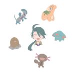  1girl :d ahoge barboach botamanbo closed_eyes collared_shirt commentary_request diglett facing_viewer green_hair long_hair necktie numel open_mouth paldean_wooper phanpy pokemon pokemon_(creature) pokemon_(game) pokemon_sv rika_(pokemon) shirt smile white_background 