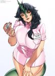  1girl artist_name badge black_hair braid breasts character_name cowboy_shot dragon_girl dragon_horns dragon_tail dress gutsumi hand_on_own_thigh head_tilt highres holding holding_syringe horns large_breasts leaning_forward liza_(nonmonster_cafe) long_hair looking_at_viewer nurse open_mouth pink_dress pointy_ears reaching reaching_towards_viewer revision russian_text ryu&#039;s_nonmonster_cafe scales short_dress short_sleeves single_braid single_horn slit_pupils standing syringe tail white_background yellow_eyes 