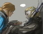  ... 1boy 1girl aizheajsee bad_end black_sclera blank_stare blonde_hair bowl chain cloak colored_sclera dragon_horns earrings feeding highres holding holding_bowl horns jewelry link master_sword pointy_ears princess_zelda speech_bubble spoilers the_legend_of_zelda the_legend_of_zelda:_tears_of_the_kingdom transformation 