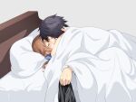  1boy 1girl bed black_shirt blue_bow blue_hair bow brown_hair closed_eyes eiyuu_densetsu hakuleg kiss lying on_back pillow rean_schwarzer sen_no_kiseki shirt shirt_removed short_hair simple_background towa_herschel under_covers undressing_another 