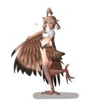  1girl absurdres ahoge animal_ears bird_ears bird_legs bird_tail blue_eyes blush breasts brown_feathers brown_hair brown_wings commentary_request crop_top feathered_wings feathers gradient_wings hair_between_eyes harpy highres long_bangs long_hair monster_girl multicolored_wings nixifox215 open_mouth original shirt simple_background small_breasts solo standing standing_on_one_leg tail tail_feathers talons underboob white_background white_shirt winged_arms wings 