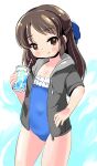  1girl absurdres ass_visible_through_thighs blue_bow blue_one-piece_swimsuit blush bow brown_eyes brown_hair closed_mouth collarbone commentary_request cup disposable_cup drawstring drinking_straw flower_in_eye grey_jacket hair_bow highres holding holding_cup hood hood_down hooded_jacket ice ice_cube idolmaster idolmaster_cinderella_girls jacket lemon_pan long_hair looking_at_viewer one-piece_swimsuit open_clothes open_jacket parted_bangs short_sleeves solo swimsuit swimsuit_under_clothes symbol_in_eye tachibana_arisu 