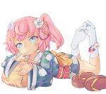  1girl anklet blue_eyes blush bow braid chaosexceed closed_mouth commentary_request crescent crescent_hair_ornament feet feet_up finger_to_own_chin floral_print flower foot_focus geta hair_flower hair_ornament hairclip japanese_clothes jewelry kimono long_sleeves looking_at_viewer lying medium_hair obi obiage obijime on_ground on_stomach one_side_up original pink_hair sandals sandals_removed sash short_socks simple_background socks soles solo tabi toes white_background white_socks wide_sleeves yellow_bow 