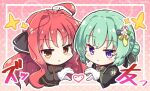  2girls :&lt; ahoge black_jacket black_ribbon chibi commentary_request company_connection crossover double-parted_bangs dracu-riot! eyelashes gloves green_hair hair_between_eyes hair_bun hair_intakes hair_ribbon hakutocake heads_together heart heart_hands heart_hands_duo highres jacket light_blush long_hair long_sleeves looking_at_viewer multiple_girls open_mouth parted_bangs pink_background polka_dot polka_dot_background purple_eyes red_hair ribbon short_hair sidelocks simple_background sound_effects sparkle taguchi_hiroko takadate_orie tenshi_souzou very_long_hair voice_actor_connection wavy_hair white_gloves wide_sleeves yarai_miu yellow_eyes yuzu-soft 
